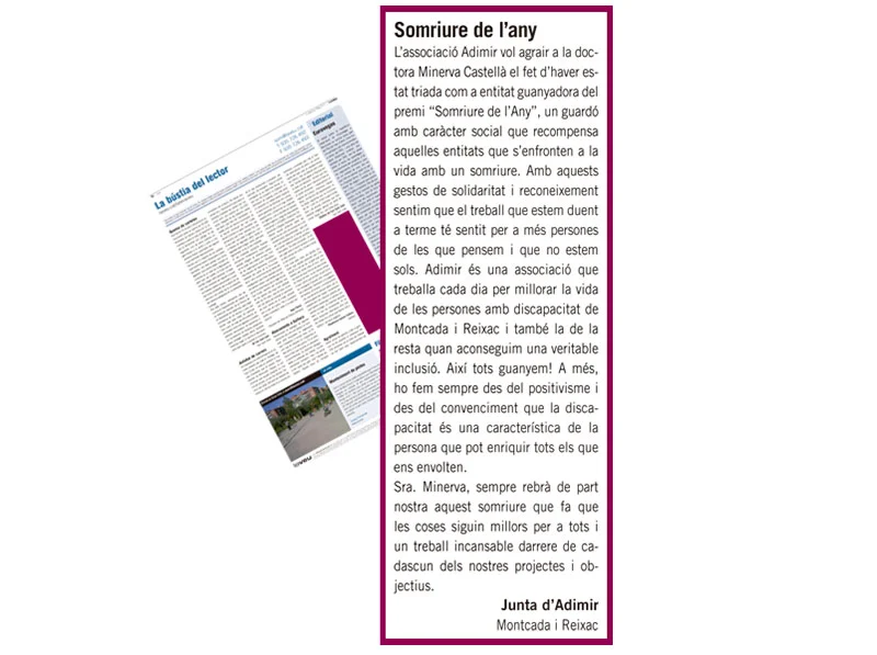Carta de agradecimiento de ADIMIR en el periódico “La Veu”
